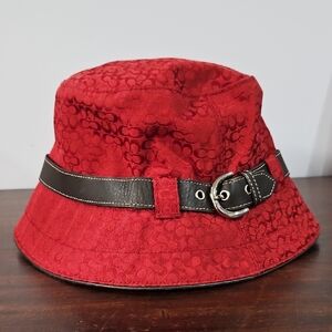 Coach Red Bucket Hat with Black Leather Trim